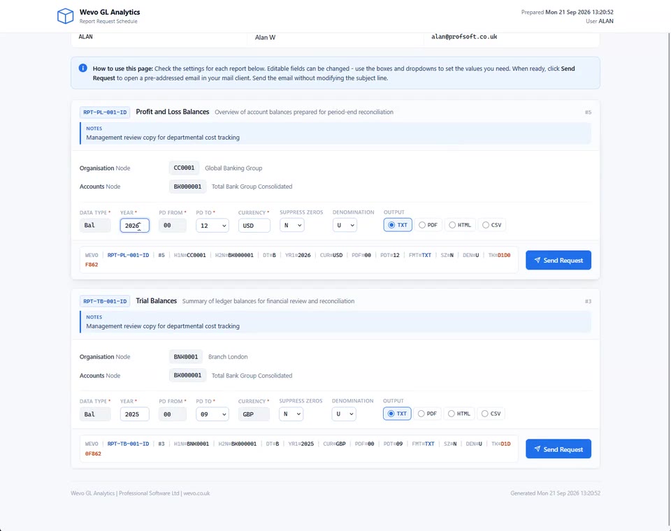The Wevo report request form open in a web browser, listing a Profit and Loss report and a Trial Balances report, each with editable year, period, currency and output settings and a Send Request button.